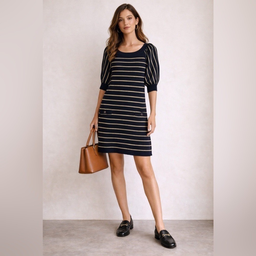 Jessica H Navy Cream‎ Stripe Knit Dress Petite Medium Puff Sleeve Preppy